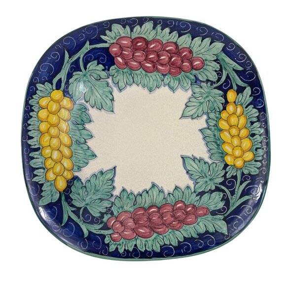 Hand-Painted 14" Square Ceramic Serving Plate With Grapes & Leaves Design - Picture 1 of 11